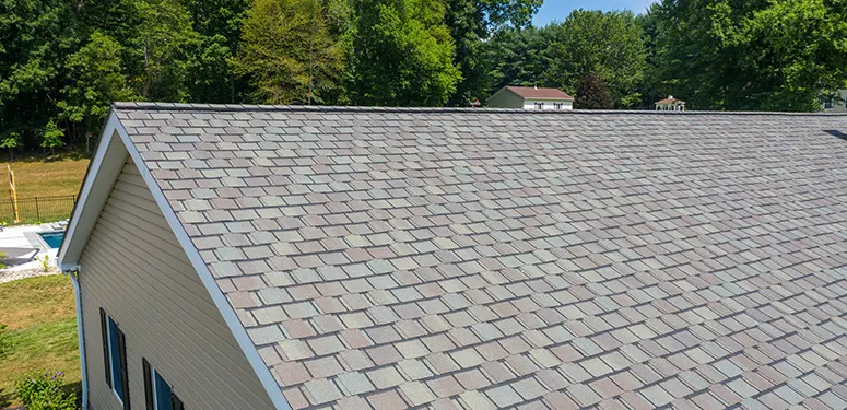 Aerial view of a sloped residential roof covered with gray-brown asphalt shingles, with green trees in the background.