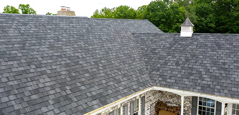 Wide view of a gray shingle roof with a brick house corner and green trees in the background, taken from above.
