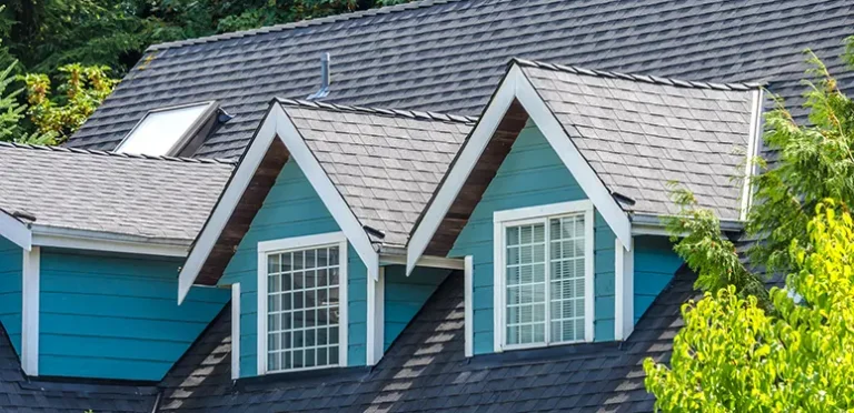 Blue house roof with two white-trimmed dormer windows and a dark shingled roof, surrounded by green trees.
