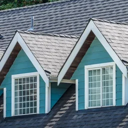 Blue house roof with two white-trimmed dormer windows and a dark shingled roof, surrounded by green trees.