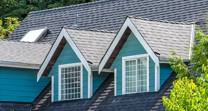 Blue house roof with two white-trimmed dormer windows and a dark shingled roof, surrounded by green trees.