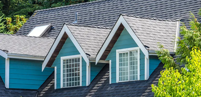 Blue house roof with two white-trimmed dormer windows and a dark shingled roof, surrounded by green trees.
