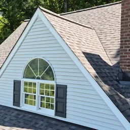 A dormer window with an arched top and open shutters on a gray shingled roof, surrounded by trees, with a brick chimney to the side.