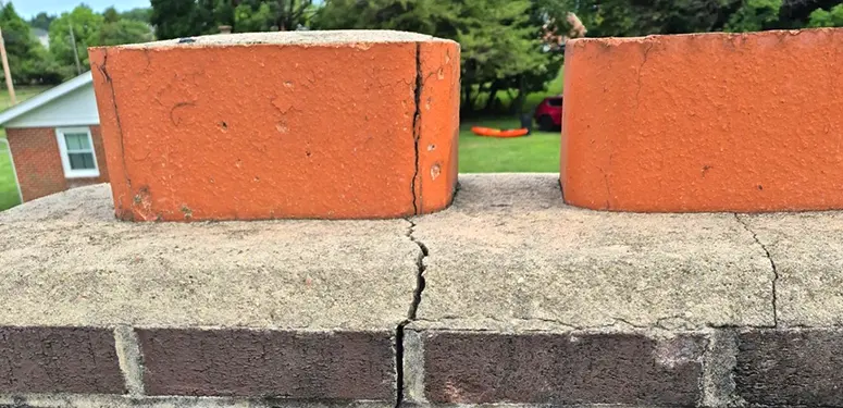 Close-up of a brick wall seam with a prominent vertical crack, topped by two large orange concrete blocks, outdoors in a yard with trees.