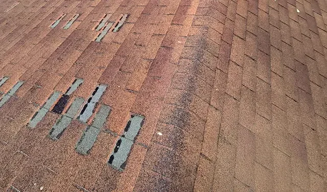 Close-up of a brown asphalt roof showing several cracked and missing shingles with exposed underlying material (teal/blue patches).